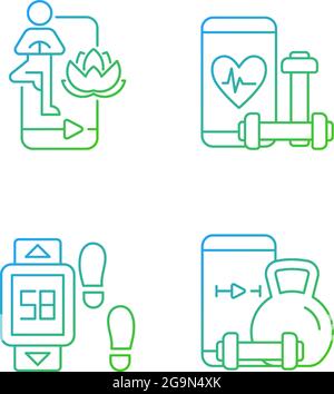 Online fitness yoga classes gradient linear vector icons set. Stock Vector