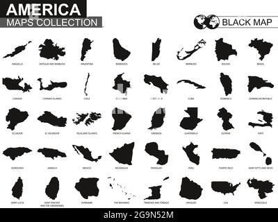 Maps collection countries of America, black contour maps of America. Vector set. Stock Vector