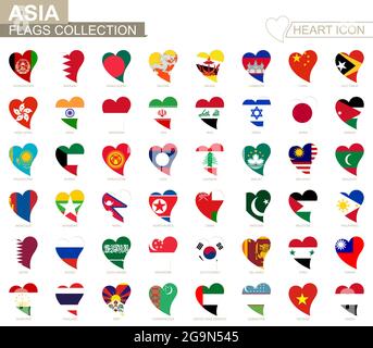 Vector flag collection of Asian countries. Heart icon set. Stock Vector