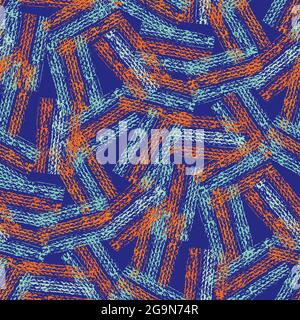 Abstract vector gauze brush effect rectangles seamless pattern background. Backdrop of scattered blue painterly striped shapes with spliced edges Stock Vector