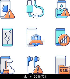Mobile phone technical issues RGB color icons set Stock Vector