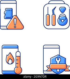 Cellphone recovery related RGB color icons set Stock Vector