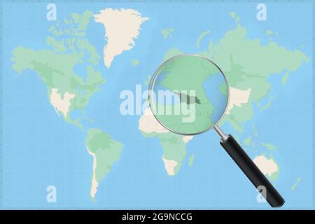 Map of the world with a magnifying glass on a map of Georgia Detailed map of Georgia and neighboring countries in the magnifying glass. Stock Vector