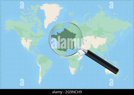 Map of the world with a magnifying glass on a map of France Detailed map of France and neighboring countries in the magnifying glass. Stock Vector
