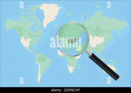 Map of the world with a magnifying glass on a map of Bulgaria Detailed map of Bulgaria and neighboring countries in the magnifying glass. Stock Vector