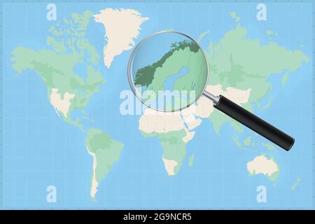 Map of the world with a magnifying glass on a map of Norway Detailed map of Norway and neighboring countries in the magnifying glass. Stock Vector