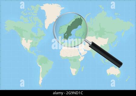 Map of the world with a magnifying glass on a map of Sweden Detailed map of Sweden and neighboring countries in the magnifying glass. Stock Vector
