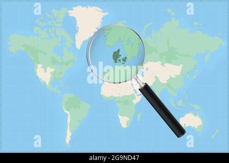 Map of the world with a magnifying glass on a map of Denmark Detailed map of Denmark and neighboring countries in the magnifying glass. Stock Vector