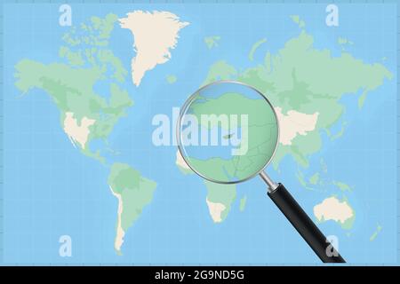 Map of the world with a magnifying glass on a map of Cyprus Detailed map of Cyprus and neighboring countries in the magnifying glass. Stock Vector