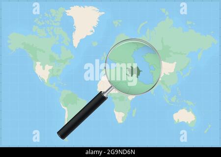 Map of the world with a magnifying glass on a map of Azerbaijan Detailed map of Azerbaijan and neighboring countries in the magnifying glass. Stock Vector
