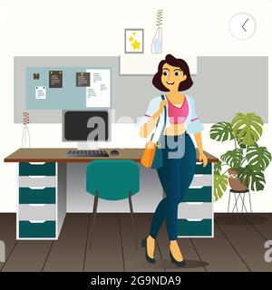 Cartoon design of working woman standing happily in her office. Stock Vector