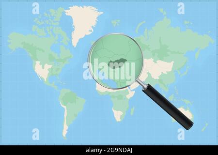 Map of the world with a magnifying glass on a map of Hungary Detailed map of Hungary and neighboring countries in the magnifying glass. Stock Vector