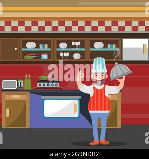 Cartoon design of cook standing happily in the restaurant. Stock Vector