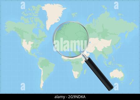 Map of the world with a magnifying glass on a map of Liechtenstein Detailed map of Liechtenstein and neighboring countries in the magnifying glass. Stock Vector