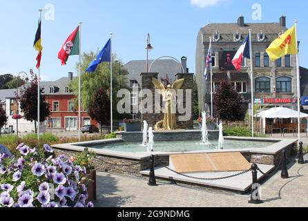 BERTRIX, BELGIUM, 20 JULY 2021: View of the War memorial  and main square in Bertrix in the province of Luxembourg. It is a small town and popular vac Stock Photo