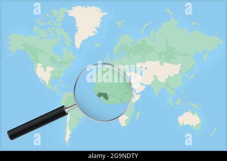 Map of the world with a magnifying glass on a map of Guinea Detailed map of Guinea and neighboring countries in the magnifying glass. Stock Vector