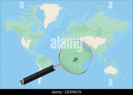 Map of the world with a magnifying glass on a map of Uganda Detailed map of Uganda and neighboring countries in the magnifying glass. Stock Vector