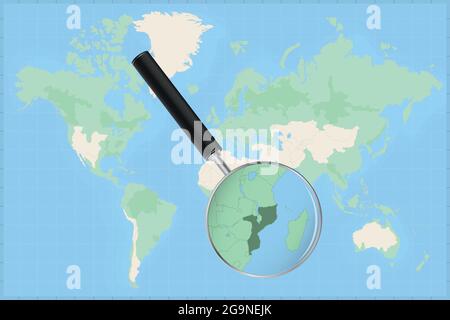 Map of the world with a magnifying glass on a map of Mozambique Detailed map of Mozambique and neighboring countries in the magnifying glass. Stock Vector