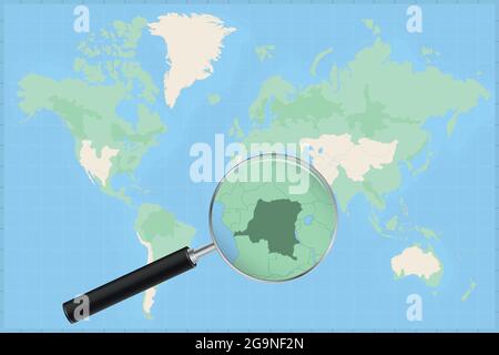 World map with magnifying on Congo. Blue earth globe with Congo flag ...