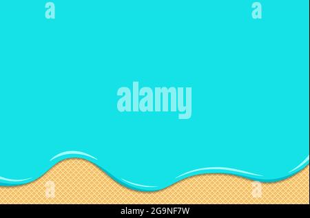 Light blue ice cream or yogurt melt and flow on toasted waffle surface. Glazed wafer texture sweet cake background with space for your text. Vector eps illustration Stock Vector