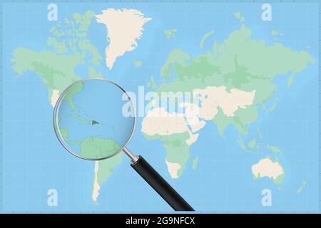 Map of the world with a magnifying glass on a map of Dominican Republic Detailed map of Dominican Republic and neighboring countries in the magnifying Stock Vector