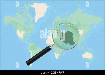 Map of the world with a magnifying glass on a map of Iran Detailed map of Iran and neighboring countries in the magnifying glass. Stock Vector