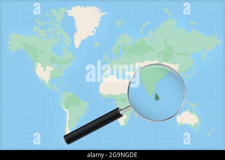 Map of the world with a magnifying glass on a map of Sri Lanka Detailed map of Sri Lanka and neighboring countries in the magnifying glass. Stock Vector