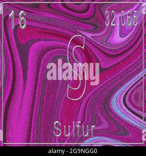 Sulfur chemical element, Sign with atomic number and atomic weight, Periodic Table Element, Pink background Stock Photo