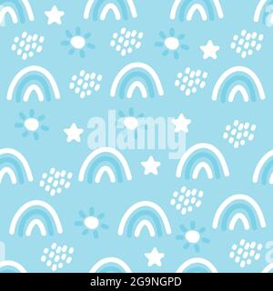 Seamless boho pattern with rainbows, stars, rain and sun for textiles and fabrics. Scandinavian print. Summer wallpaper, background Stock Vector