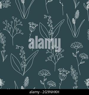Seamless pattern with wildflowers drawn in thin line. Floral summer vintage print for fabric, textile or wallpaper. Background with outline flowers. V Stock Vector