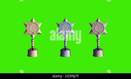 Spinning gold, silver and bronze trophies isolated on green screen. 3d rendering Stock Photo