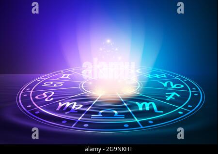 Zodiac signs inside of horoscope circle. Astrology in the sky with many stars and moons  astrology and horoscopes concept Stock Photo