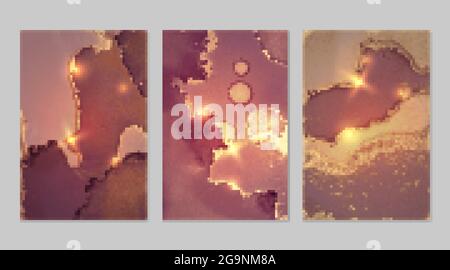 Marble set of gold, rose and mauve backgrounds with texture. Geode pattern with glitter. Abstract vector backdrops in fluid art alcohol ink technique. Stock Vector