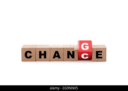 Wooden blocks with the words Change or Chance on white background Stock Photo