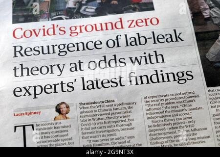'Covid's ground zero Resurgance of lab-leak theory at odds with experts' latest findings' Guardian newspaper headline article 19 June 2021 London UK Stock Photo