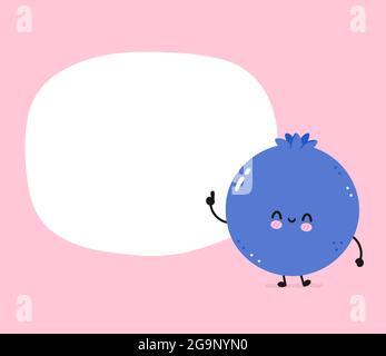 Cute happy smile funny blueberry with text box. Vector flat line cartoon kawaii face character illustration icon. Isolated on white background. Blueberry berry cartoon baby mascot character concept Stock Vector