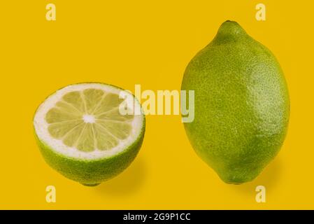 Green lemon of Siracusa, Sicilia, Italy, femminello variety, one whole fruit and one half cut isolated on yellow background, copy space Stock Photo