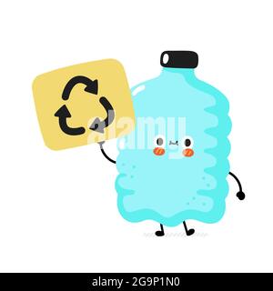 Cute funny happy smile plastic bottle character hold recycle sign. Vector cartoon character sticker illustration. Funny happy plastic bottle cartoon character concept. Isolated on white background Stock Vector