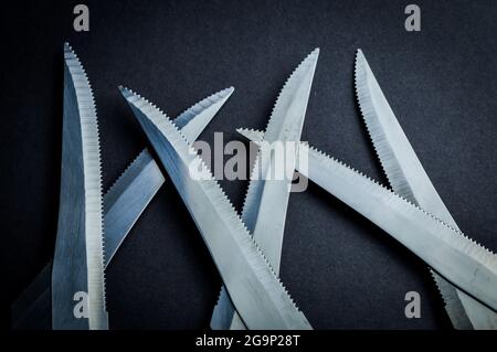 kitchen knife blades on dark gray background, blue toned image, abstract background Stock Photo