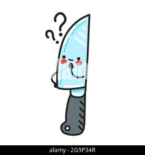 Cute funny kitchen chef knife character with question mark. Vector flat cartoon kawaii character illustration icon. Isolated on white background. Chef cooking knife cartoon character concept Stock Vector