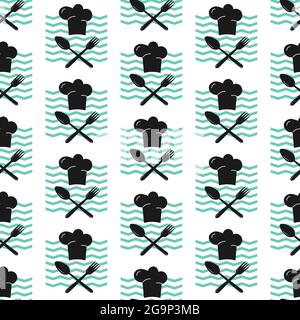 Pattern with a chefs cap, spoon and fork. Vector illustration. Stock Vector