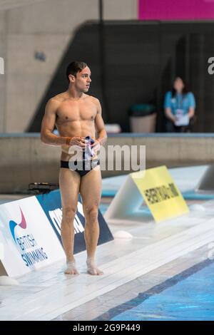 British diver Tom Daley (Thomas Daley) after his gold winning platform dive, European Diving Championships 2016, London, UK Stock Photo