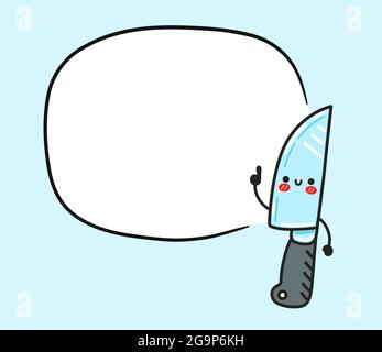 Cute funny kitchen chef knife character with text box. Vector flat cartoon kawaii character illustration icon. Isolated on white background. Chef cooking knife cartoon character concept Stock Vector