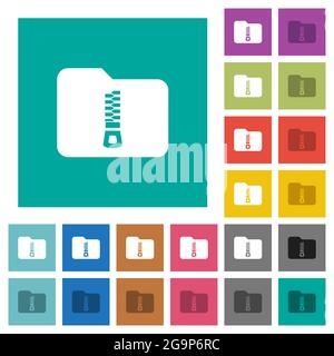 Compressed folder multi colored flat icons on plain square backgrounds. Included white and darker icon variations for hover or active effects. Stock Vector