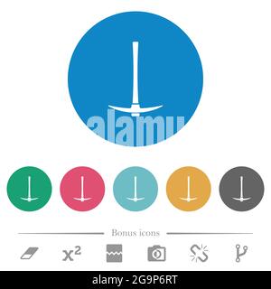 Single pickaxe flat white icons on round color backgrounds. 6 bonus icons included. Stock Vector