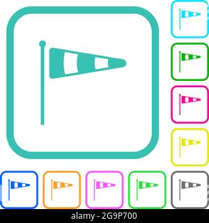 Windsock indicator solid vivid colored flat icons in curved borders on white background Stock Vector