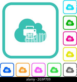 Cloud printing vivid colored flat icons in curved borders on white background Stock Vector