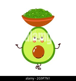 Cute happy avocado hold guacamole sauce bowl character. Vector hand drawn cartoon kawaii character illustration. Isolated on white background. Acocado and guacamole sauce cartoon character concept Stock Vector