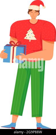 Smiling man in red new year hat holding Christmas gift flat cartoon style. Stock Vector