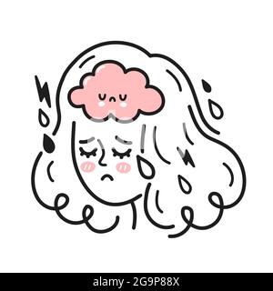 Cute woman head with sad brain inside. Bad mood, mental, emotional condition problem concept. Vector hand drawn cartoon character illustration icon. Bipolar disorder, depression concept Stock Vector